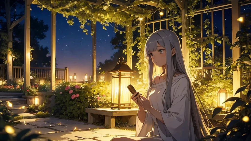 Mellow, an anime-style female character with long, straight hair and a serene expression, in a garden at night surrounded by fireflies. The scene is cozy and softly lit with a harp nearby. The ambiance is whispering vocal, easy listening, and lo-fi hip-hop.
