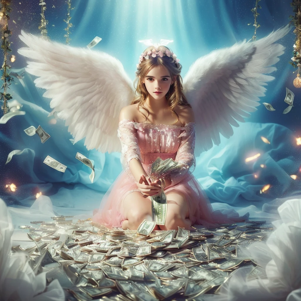 there is a woman in a pink dress holding a money bag, angelic, beautiful angel, super wide angel, angel-themed, angelical, angelic purity, angel girl, angel themed, of an beautiful angel girl, of beautiful angel, grand angel wings, emma watson as an angel, as a heavenly angel, big angel wings wide open, beautiful female angel