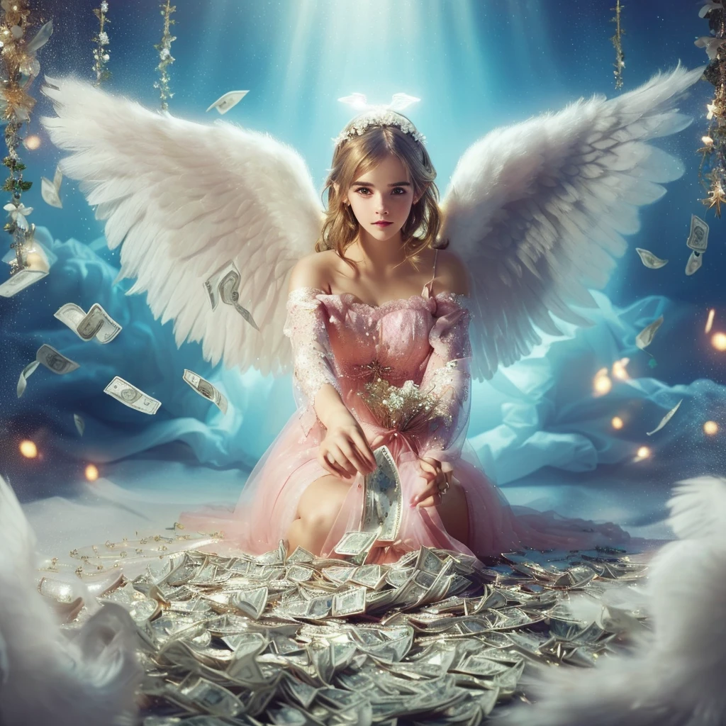 there is a woman in a pink dress holding a money bag, angelic, beautiful angel, super wide angel, angel-themed, angelical, angelic purity, angel girl, angel themed, of an beautiful angel girl, of beautiful angel, grand angel wings, emma watson as an angel, as a heavenly angel, big angel wings wide open, beautiful female angel