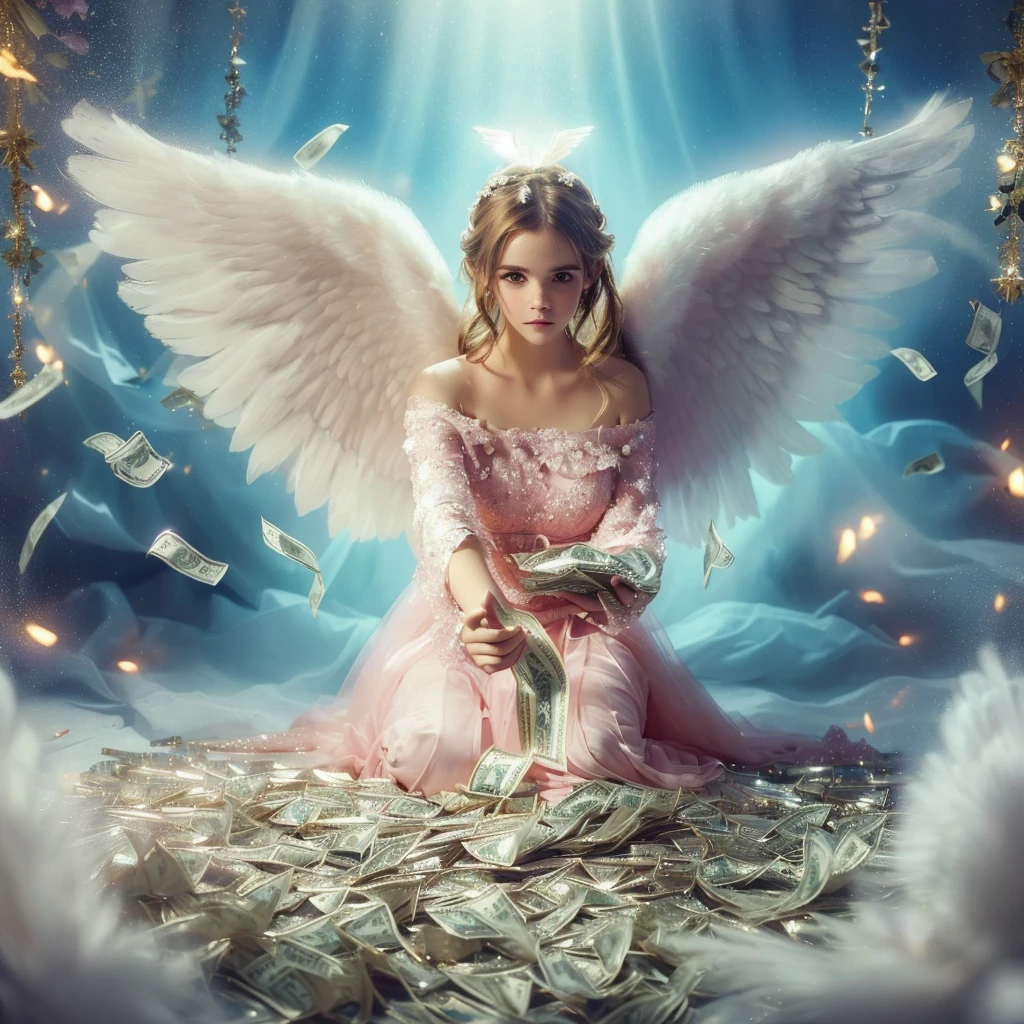 there is a woman in a pink dress holding a money bag, angelic, beautiful angel, super wide angel, angel-themed, angelical, angelic purity, angel girl, angel themed, of an beautiful angel girl, of beautiful angel, grand angel wings, emma watson as an angel, as a heavenly angel, big angel wings wide open, beautiful female angel