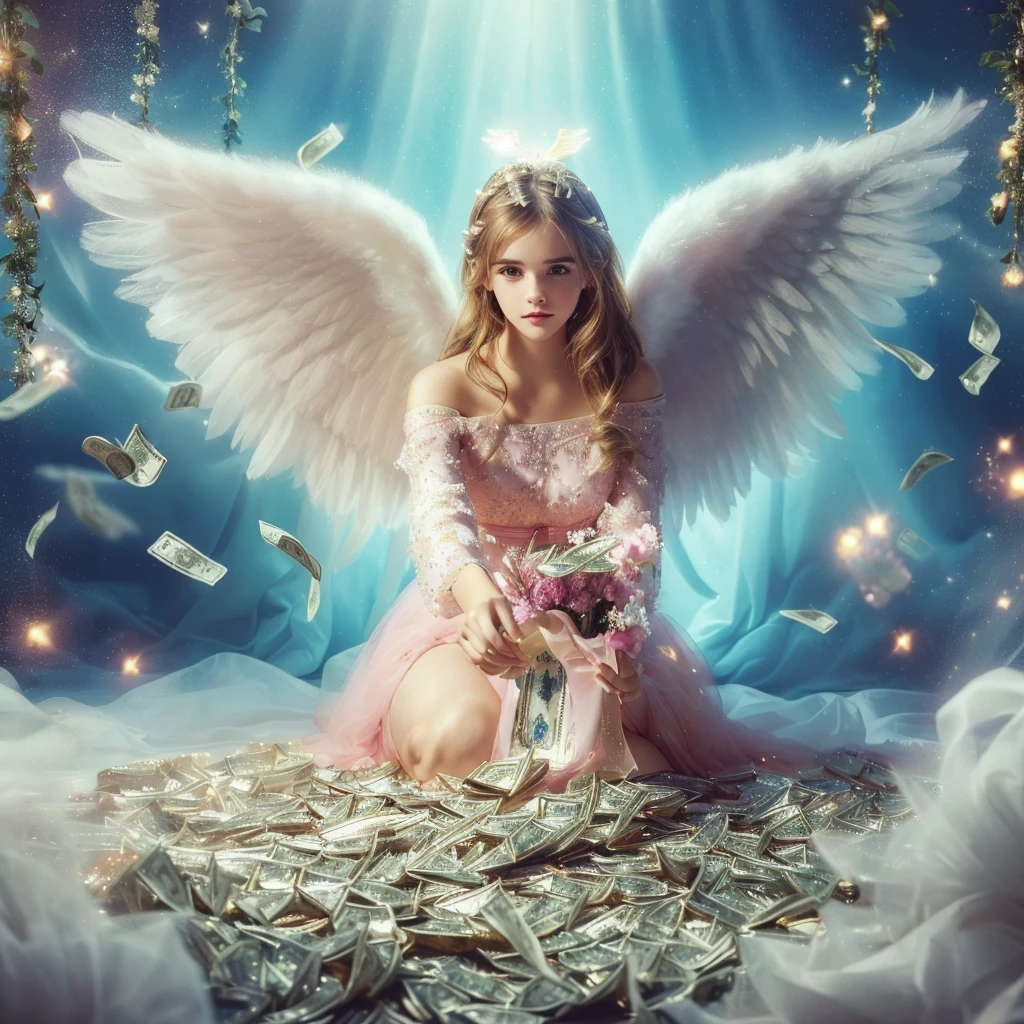 there is a woman in a pink dress holding a money bag, angelic, beautiful angel, super wide angel, angel-themed, angelical, angelic purity, angel girl, angel themed, of an beautiful angel girl, of beautiful angel, grand angel wings, emma watson as an angel,  as a heavenly angel, big angel wings wide open, beautiful female angel