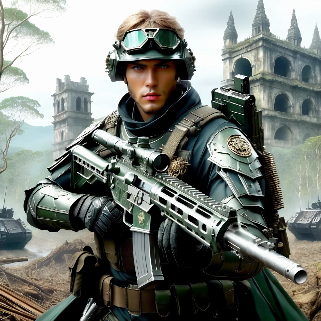 Dystopian Cat, (Adventurer's Costume), wealthy_Dense forest, Spectacular ruins, Amazing details, Great quality, masterpiece, . dark, Post-apocalyptic, dark, dramatic, Man in highly detailed military uniform、Equipped with a machine gun、Equipped with a complex gear mechanism, dramaticな明暗法, The essence of realistic oil painting, Reminiscent of Raphael'work, Caravaggio, Greg Rutkowski, Beep, Beksinski, Giger, Ultra-fine detail.rendering in the unreal engine, Ultra-Realistic Details. Surrealism. Dramatic lighting