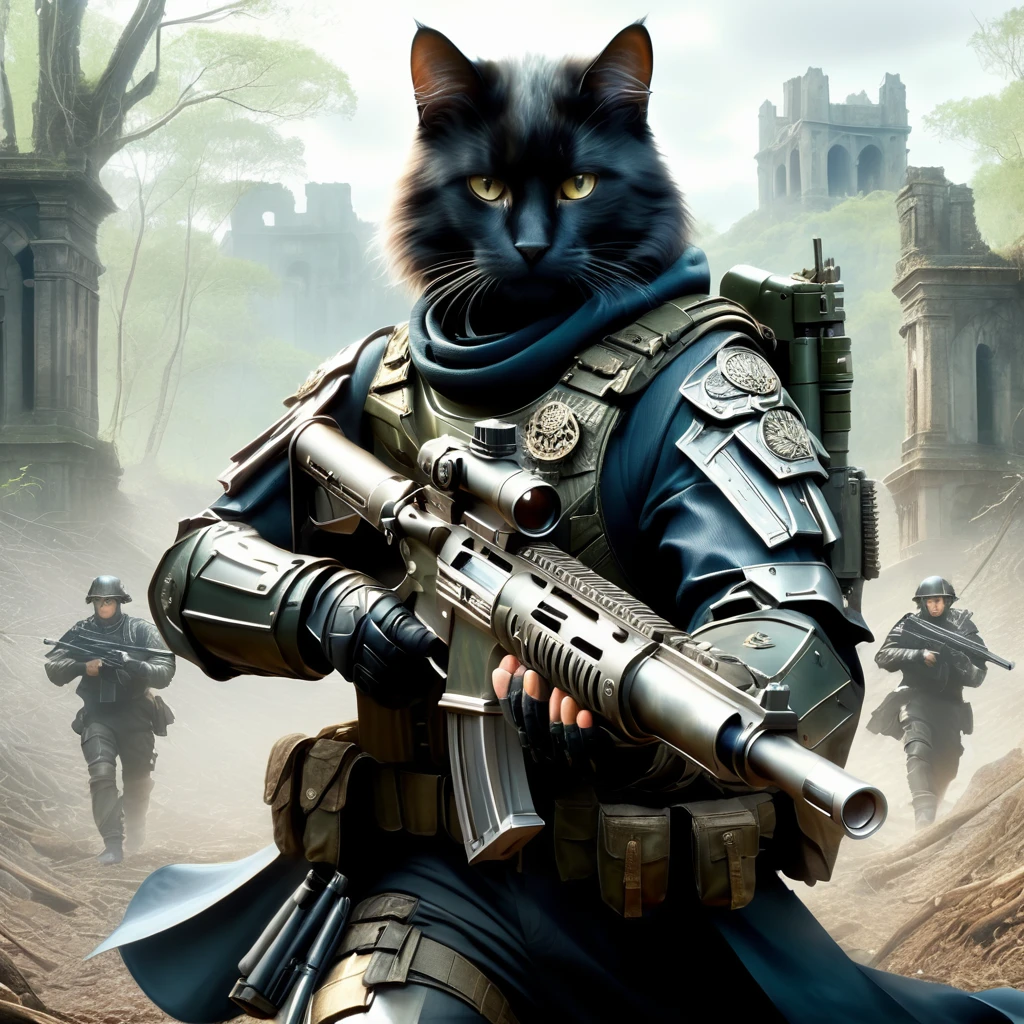 Dystopian Cat, (Adventurer's Costume), wealthy_Dense forest, Spectacular ruins, Amazing details, Great quality, masterpiece, . dark, Post-apocalyptic, dark, dramatic, Man in highly detailed military uniform、Equipped with a machine gun、Equipped with a complex gear mechanism, dramaticな明暗法, The essence of realistic oil painting, Reminiscent of Raphael&#39;work, Caravaggio, Greg Rutkowski, Beep, Beksinski, Giger, Ultra-fine detail.rendering in the unreal engine, Ultra-Realistic Details. Surrealism. Dramatic lighting
