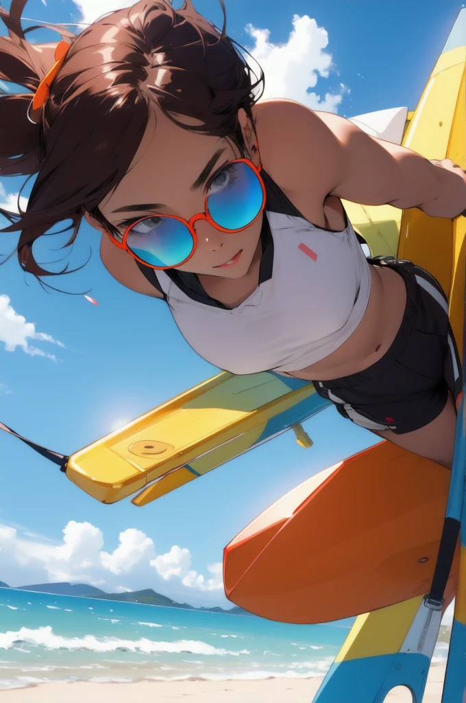 A girl takes off her sunglasses and looks from below