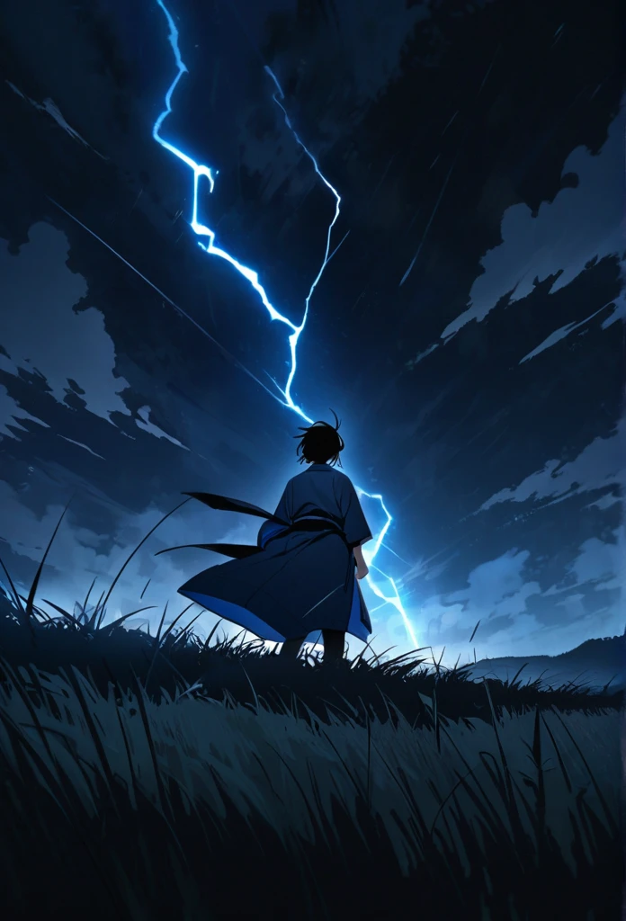 A man with long black hair and a blue kimono is standing in front of me.。Hair fluttering in the wind。A violent lightning strike with a blue glow behind it。rain。grassland。Night Sky。激しすぎる雷