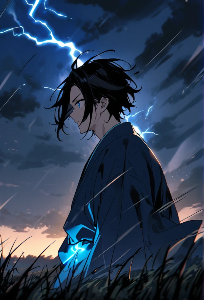 A man with long black hair and a blue kimono is standing in front of me.。Hair fluttering in the wind。A violent lightning strike with a blue glow behind it。rain。grassland。Night Sky。激しすぎる雷