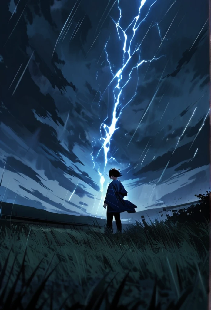 A man with long black hair and a blue kimono is standing in front of me.。Hair fluttering in the wind。A violent lightning strike with a blue glow behind it。rain。grassland。Night Sky。激しすぎる雷