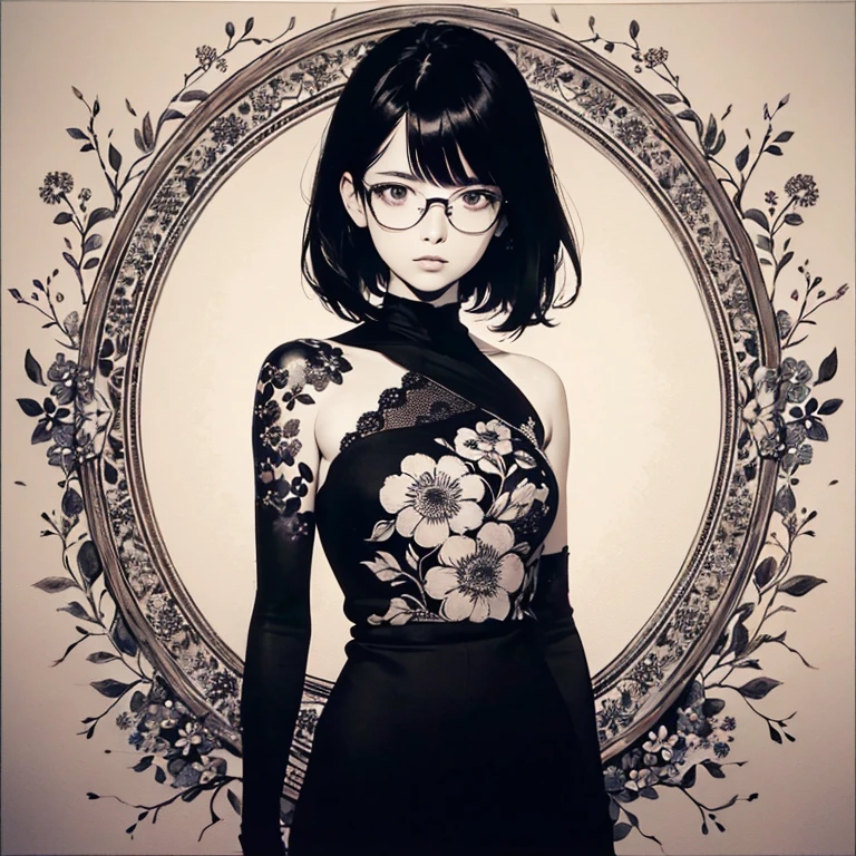 (masterpiece),(Highest quality:1.2),(8K Anime),1 Girl,Beautiful and delicate eyes,(Beautiful silky black hair:1.2), black dress with flowers,(Realistic),Detailed skin, Unfairly Beautiful,((Ink painting floral background)),White Theme,Cinema Lighting,Body Shot,High Contrast,Glasses,short hair