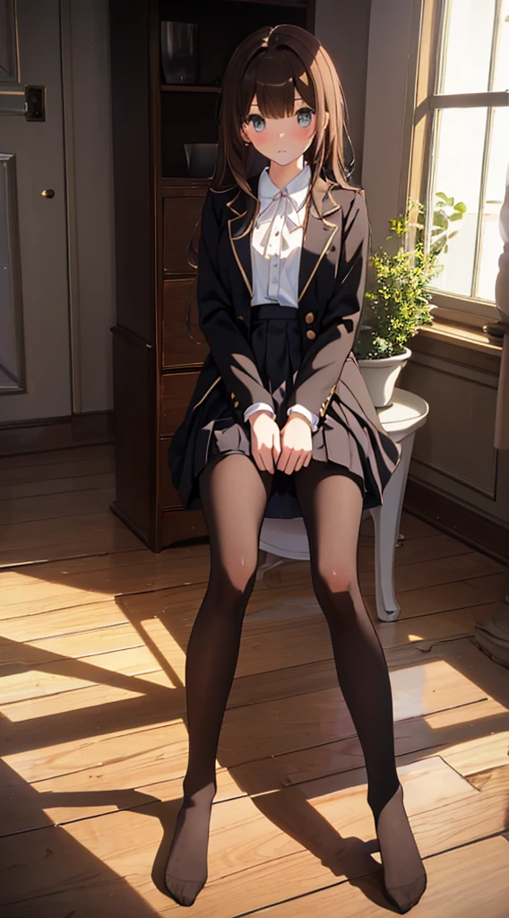 Top quality, masterpiece, High resolution, (Head to toe full body), front, frontやや下からの構図, Symmetric, Tall 18 year old girl, alone, (Head to toe), (Small breasts), Unkempt brown hair, bangs, (black tights), (Black Pantyhose), (Sit with your legs apart), (Crouching pose), (A composition showing white panties), (Her legs were spread、I see your white pants.), (I was made to sit on the floor with my legs spread..), (M-shaped legs), Thin legs, A very beautiful and tall 18 year old girl, (No shoes), blush, Shy big eyes, looking at the camera, Blazer Uniform, Checkered Pleated Skirt