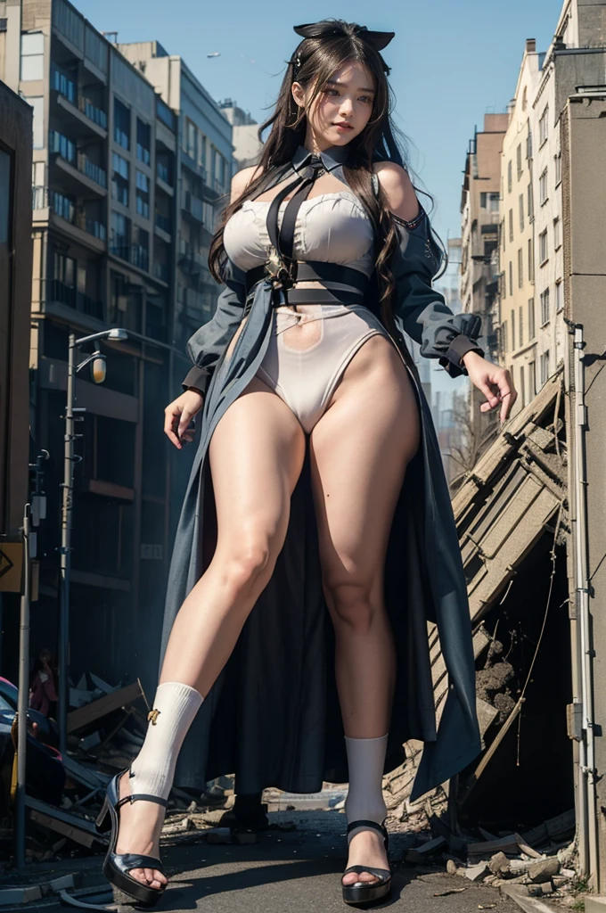 The building collapses、Urban hustle and bustle、Traffic jam、City of Rubble、street tree、((((Azur Lane Cheshire))))、Maid clothes、Super huge breasts、Plump thighs、Ground View,City of Giants,500 foot tall giant girl,skyscraper,Has super long legs,Step into the crowd,There are many people on the street,Knee-high socks,She has waist-length black hair,Wear Mary Jane heels,A happy look,Standing on the ruins,Beautiful appearance,Exquisite makeup,quality,8K,高quality,Perfect Proportions, Cinema Lighting,Film Grain,The Colors of Fuji,8K,Textured skin,Super Detail,High detail,high quality,High resolution,explode,False Smile,Show your pants