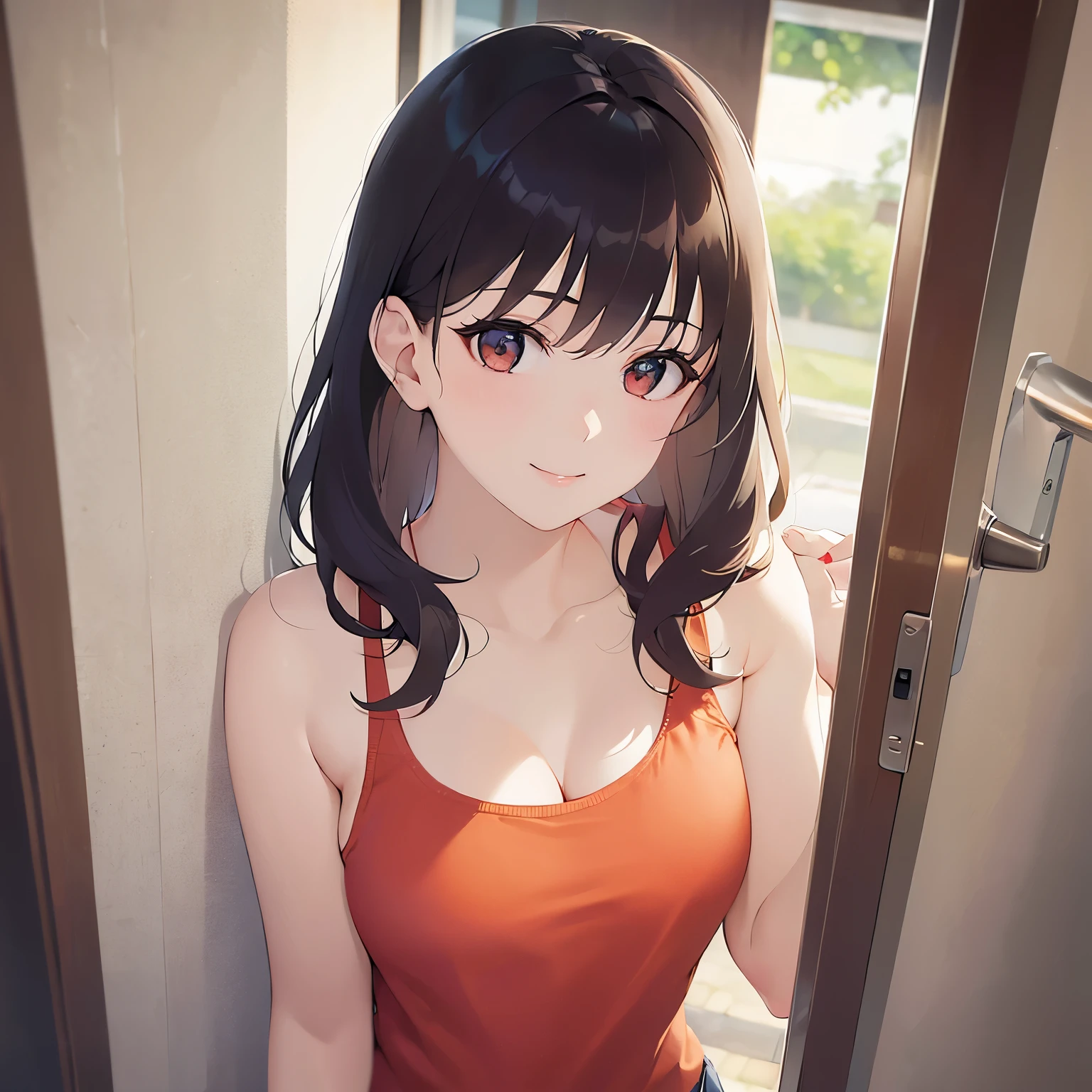 (looking to the side:1.5),leaning forward 、Shooting from the front、upper body,Realistic, real person, (pale skin: 1.2), RAW photo, photorealistic, shiny skin, shiny hair、 (A 25-year-old woman with medium-length hair and bangs) and (wavy hair) and (brown hair) and (Orange Eyes),smile、The background is the washroom,（yellow tank top）、opening the door