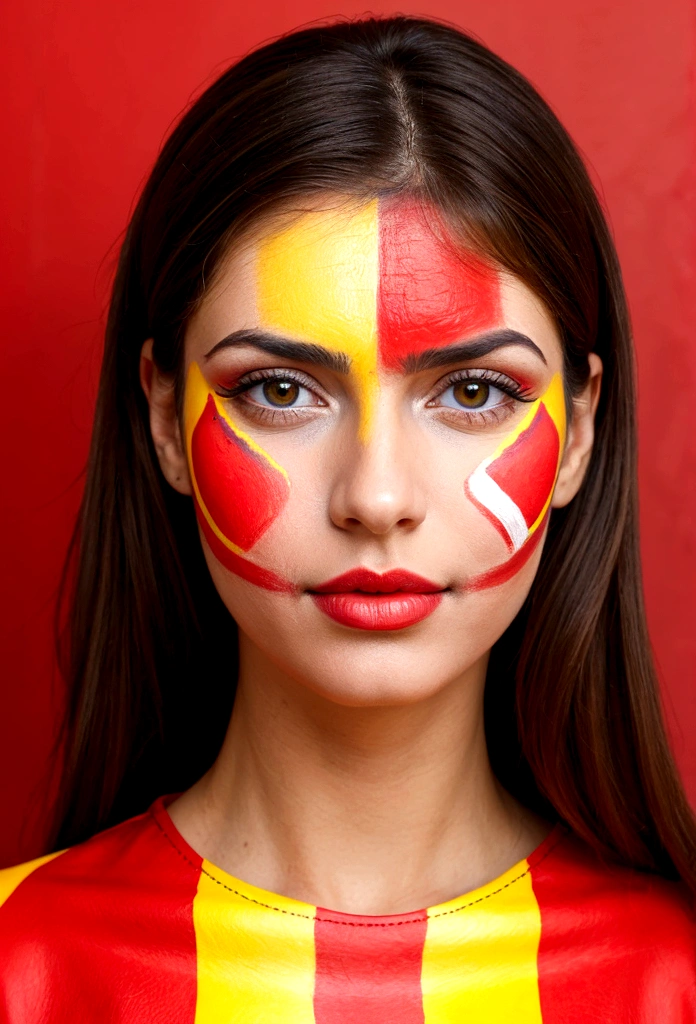 Portrait Woman with Spanish features with her face completely painted with the colors of the flag of Spain, red then yellow and again red