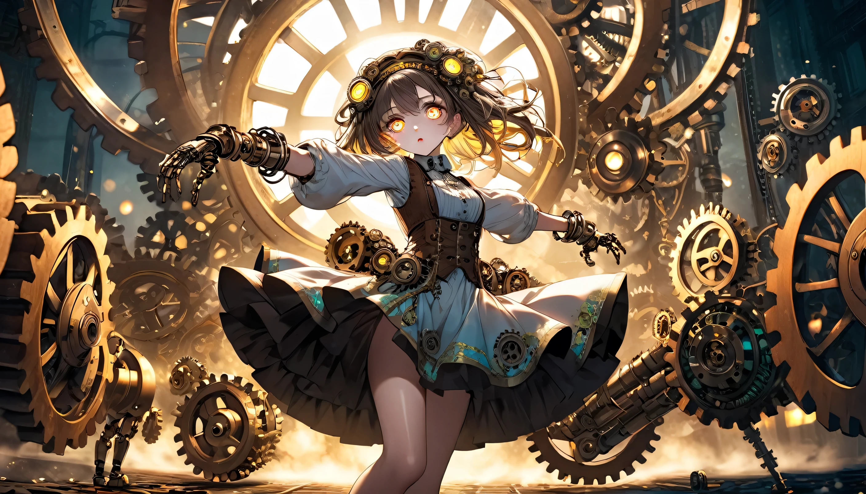a broken mechanical doll dancing, anime, 1girl, detailed face, detailed eyes, detailed lips, extremely detailed, intricate machinery, glowing eyes, mechanical limbs, complex gears and mechanisms, steam punk, vibrant colors, dynamic pose, dramatic lighting, cinematic composition, high quality, shooting from afar