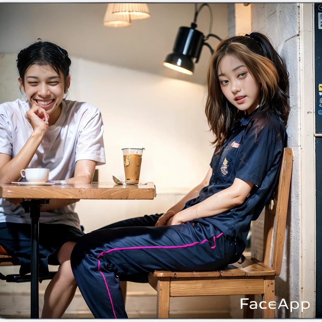 Songkran, wet street , A very realistic girl, wet soaked, drop, wet clothes, wet skin, wet hair, 8k, Masterpiece, realistic, beautiful,purple efficiency,Navy trousers,wet:1.5,dirty white powder