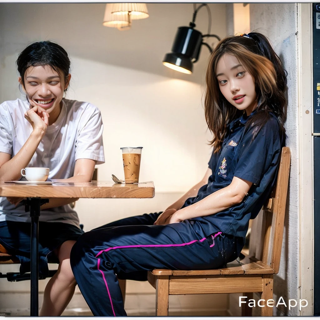 Songkran, wet street , A very realistic girl, wet soaked, drop, wet clothes, wet skin, wet hair, 8k, Masterpiece, realistic, beautiful,purple efficiency,Navy trousers,wet:1.5,dirty white powder
