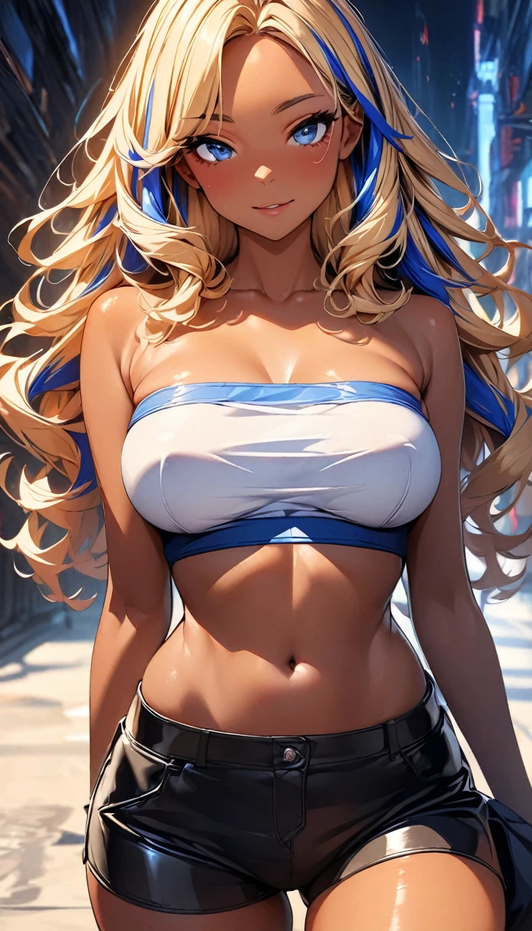 (highest quality:1.2, Very detailed, up to date, Vibrant, Ultra-high resolution, High Contrast, masterpiece:1.2, highest quality, Best aesthetics), Portraiture、girl、slim, Bright colors、Beautiful fine details、Beautiful lip detail、long hair, ((wavy hair:1))、messy hair, blonde and blue ((streaked hair:1.3)), highlights hair: 1.3, midium breast, (tan skin:1.3), 、bandeau top、leather hot pants, cowboy shot, looking at viewer