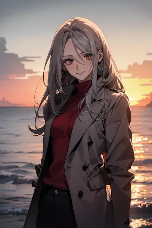 (Confused, High resolution, Very detailed), 1 female, Silver Hair,Long Hair,Reddish brown eyes,Deep red sweater,skinny pants,24th generation,beauty,mature,thin,quiet,Calm,A small smile,Long coat,Sea at dawn,Small breasts,thin