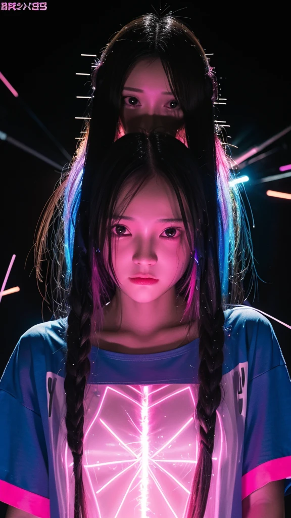 A young girl in a neon light cyberpunk outfit, covered with pink and blue glowing threads of energy and sparks flying around her. She is wearing an oversized Wet T-shirts made from chrome material. transparent clothes nipples. She has long hair and looks into the camera in the style of anime