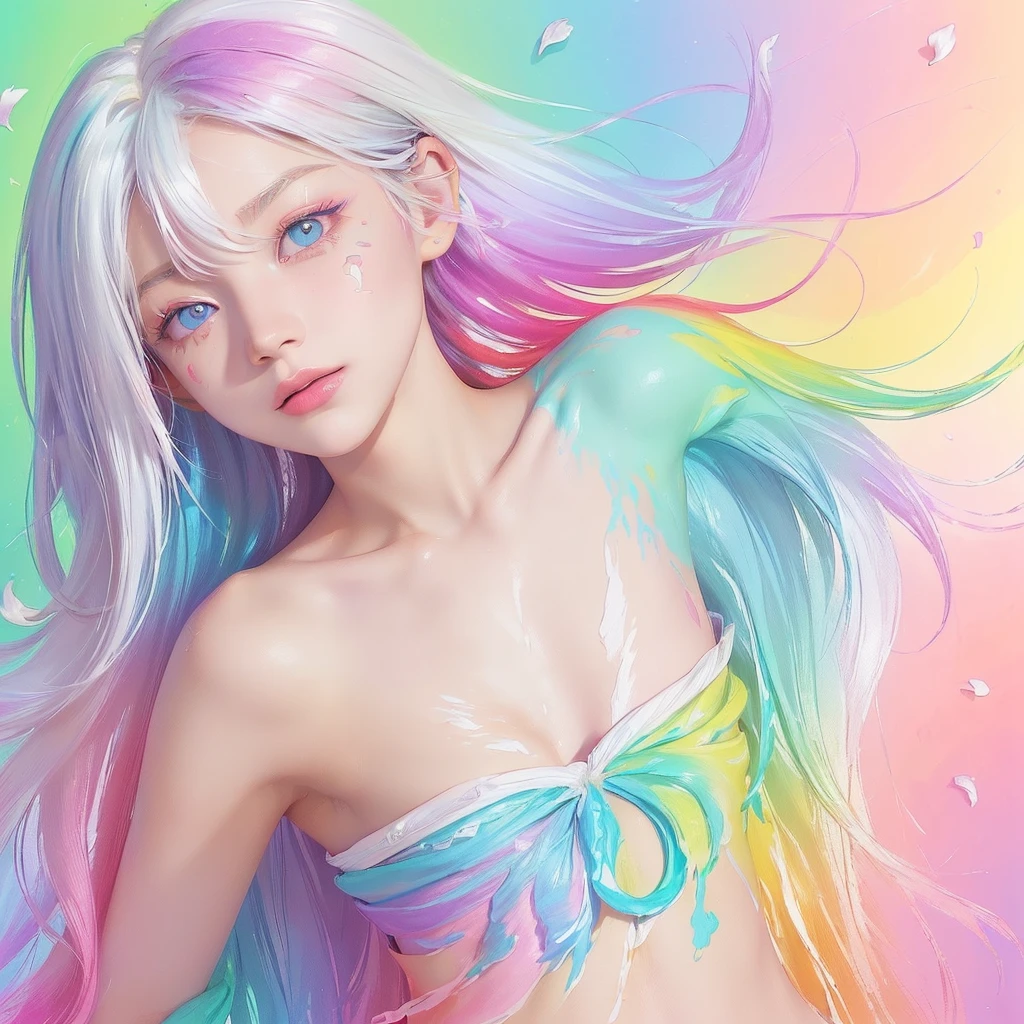 (Pink Fashion T-shirt:1.9),(Colorful hair: 1.8), (all the colours of the rainbow: 1.8),(((((vertical painting:1.6))), (painting:1.6),front, comics, illustrations, paintings, large eyes, crystal clear eyes,( rainbow color gradient high ponytail:1.7), exquisite makeup, closed mouth,(Small Fresh: 1.5),(Wipe Chest: 1.6) ,long eyelashes, white off shoulder T-shirt, White Shoulder Shirt,looking at the audience, large watery eyes, (rainbow colored hair:1.6), color splash, (solo:1.8), color splash, color explosion, thick paint style, messy lines, ((shining)),(colorful), (colorful), (colorful), colorful, Thick Paint Style, (Splash) (Color Splash), Vertical Painting, Upper Body, Paint Splash, Acrylic Pigment, Gradient, Paint, Highest Image Quality, Highest Quality, Masterpiece, Solo, Depth of Field, Face Paint, colorful clothes, (Elegant: 1.2), gorgeous,long hair, wind, (Elegant: 1.3), (Petals: 1.4),(((masterpiece))),(((best quality))),((ultra-detailed)),(illustration),(dynamic angle),((floating)),(paint),((disheveled hair)),(solo),(1girl) , (((detailed anima face))),((beautiful detailed face)),collar,bare shoulders,white hair, ((colorful hair)),((streaked hair)),beautiful detailed eyes,(Gradient color eyes),(((colorful eyes))),(((colorful background))),(((high saturation))),(((surrounded by colorful splashes))),all bodies, same colored back grounds