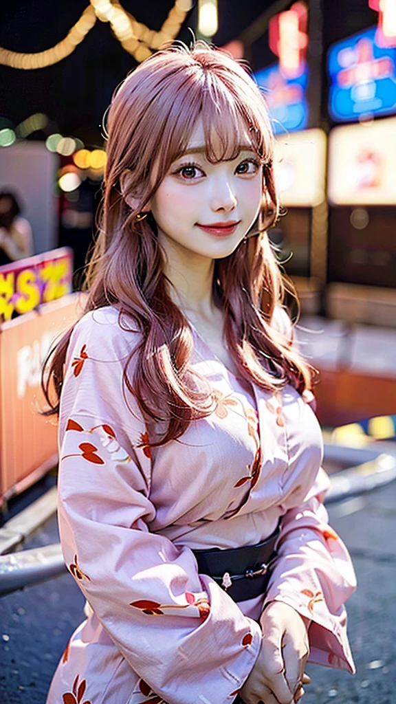 An anime-style illustration of the woman with long pink hair and E-cup breasts, wearing a yukata, enjoying a dessert like ice cream or shaved ice at the festival. She looks delighted, and the background shows more festival activities and lights.