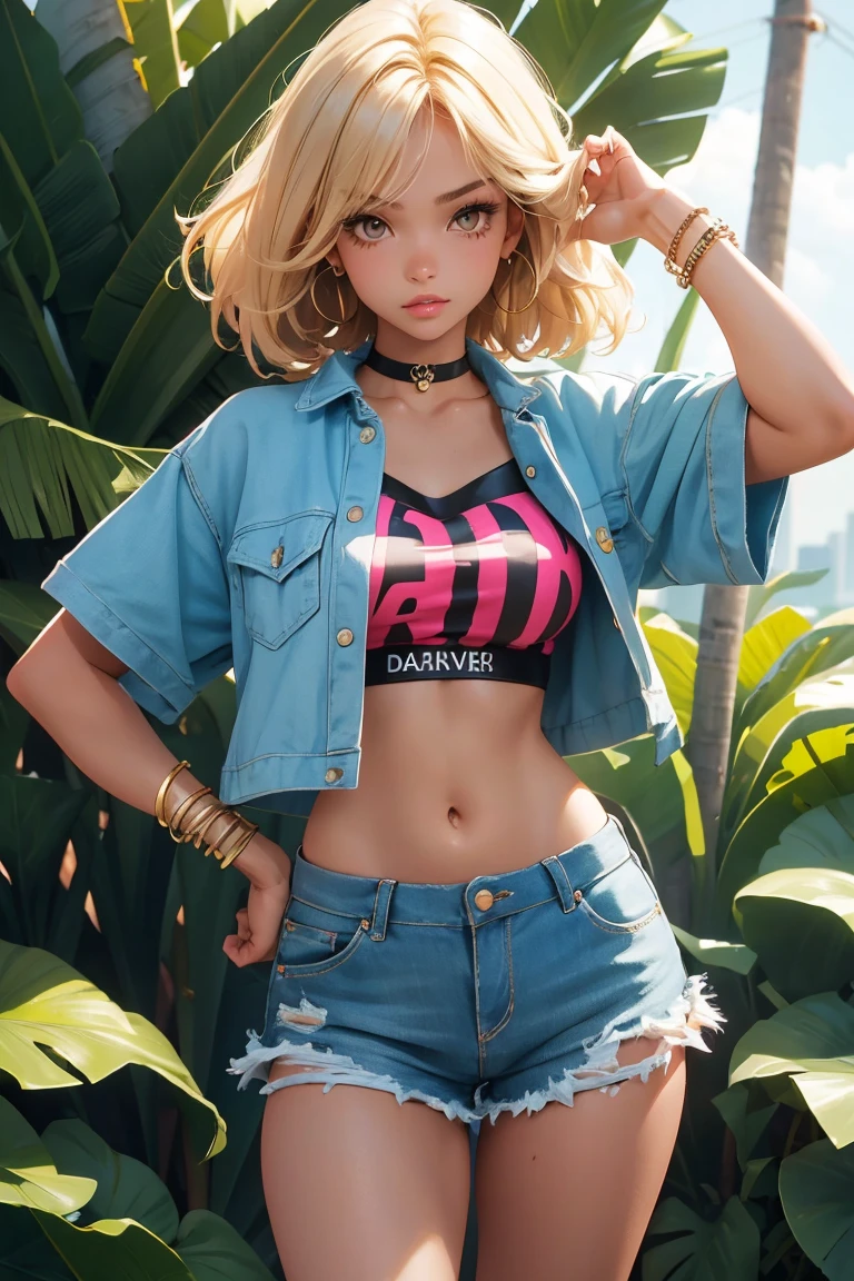 age girl-model 18 years old, beautiful, too much tanned, blonde, bob hair, bangs, brown eyes, beautiful figure, girl wearing crop shirt and too short mini skirt, beautiful long legs, slave bracelets, slave choker, manicure, cute makeup, sweaty armpits, flirtatiously posing, hot summer, hot flirty, sexy posing, summer outfit, top quality, higest quality, pin-up style, retro 80s style, Daisy Dukes style, Miami vibes, Californian