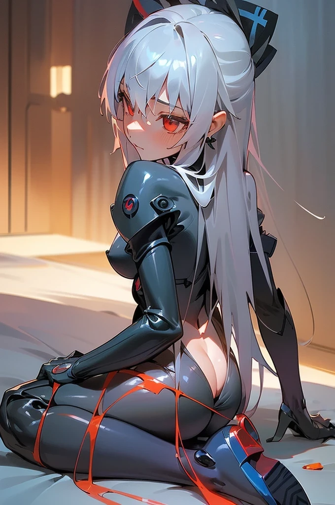 ((detailed), high_quality, master_quality, (realistic), (side), wet, 8k, masterpiece, (Tokarev), silver_hair, long_hair, red_eyes, sexy, slim_figure, (fortified_suit), bodysuit, (Cryska Barchenowa), high_heels, pistol_on_th_hip, dynamic_lightning, villain