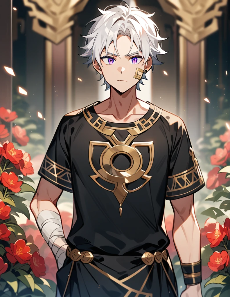 small Greek boy with white hair, violet eyes, wearing an all-black Greek shirt with small gold details, with bandages on his cheek and arm, standing with an impressed look, with a red garden in a blurred background
