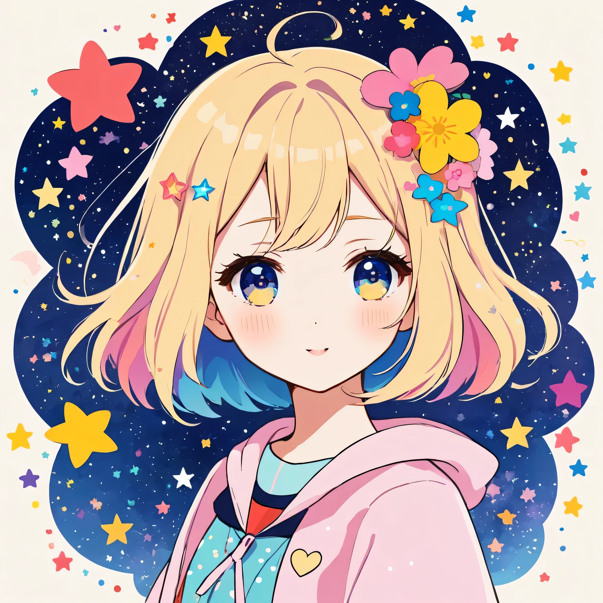 Mika Pikazo style, Simple Line Initialism，Abstract art，Kawaii Design, The most beautiful girl of all time、chibi, The background is star dust, colorful hearts, colorful flowers,