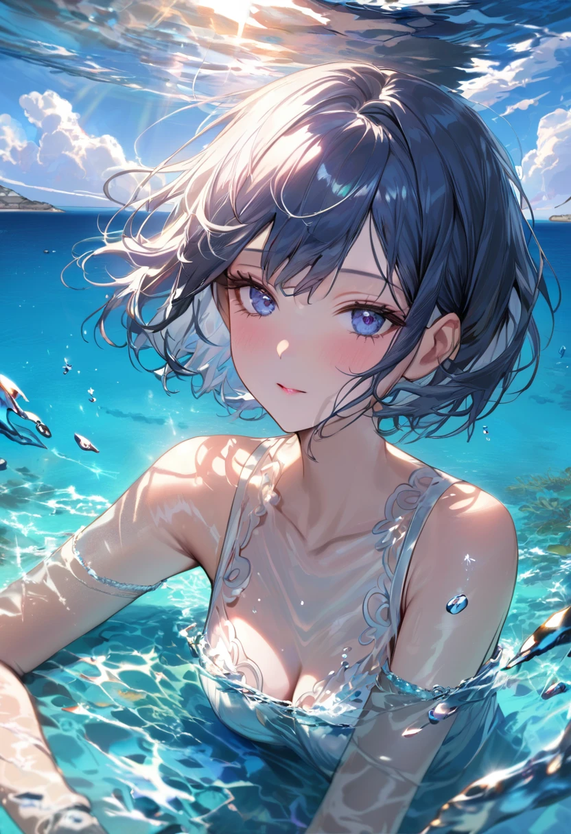 (Masterpiece, BestQuality), ((Portrait of girl floating in the crystal clear waters of Lampedusa)), Highly transparent sea,In the background is a beautiful landscape with a blue sky and sunlight shining on the sea,detailed beautiful scenery,water splash,BREAK (,detailed face,(darkblue wavy-short hair),eyebrows,middle small breasts),