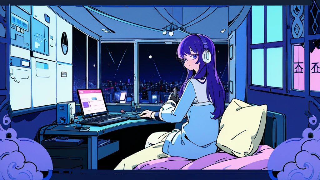 (from behind), Anime girl sitting in front of a computer in a cozy bedroom, Girl listening to music while studying in a cozy room (night), round glasses, Using headphones, on the roof, (beautiful night views from windows), lots of things, 2D anime style, The aesthetics of anime in the 90s, lo-fi,  long hair, very detailed, Hard disk, A mix of anime style and Fujifilm, surreal, 8K, masterpiece, violet eyes,black gloves, round glasses, long sleeves,violet hair, Flat Chest, smile, pantyhose