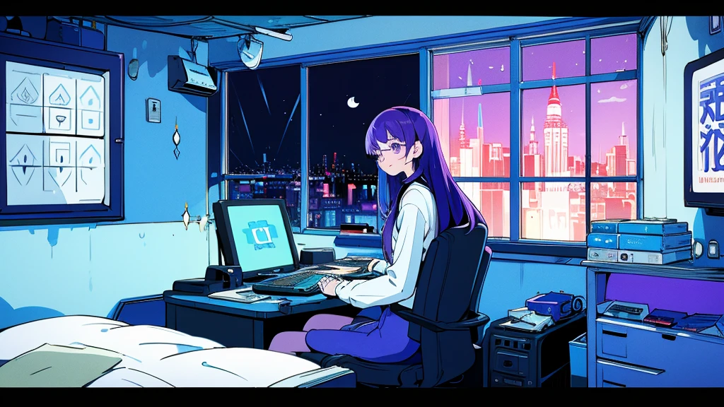 (from behind), Anime girl sitting in front of a computer in a cozy bedroom, Girl listening to music while studying in a cozy room (night), round glasses, Using headphones, on the roof, (beautiful night views from windows), lots of things, 2D anime style, The aesthetics of anime in the 90s, lo-fi, long hair, very detailed, Hard disk, A mix of anime style and Fujifilm, surreal, 8K, masterpiece, violet eyes,black gloves, round glasses, long sleeves,violet hair, Flat Chest, smile, pantyhose