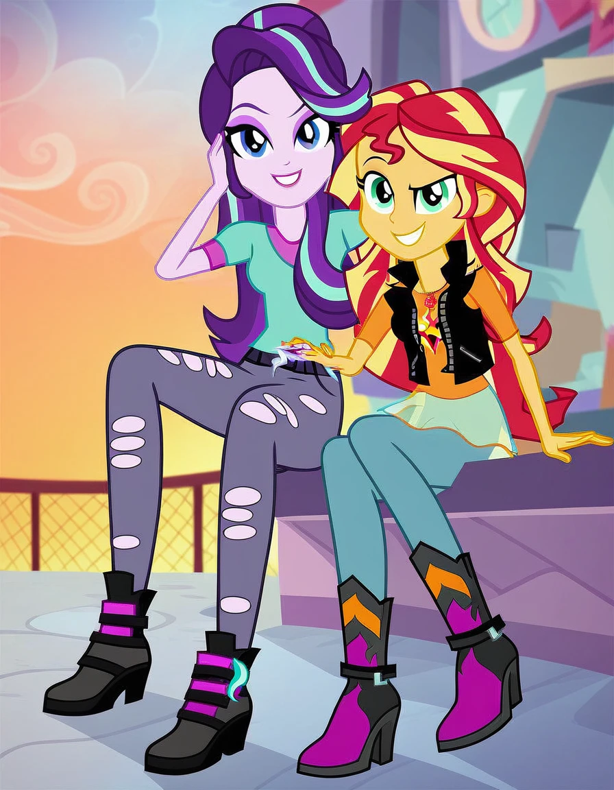 score_9, score_8_up, score_7_up, score_6_up, cartoon, human, equestria girls, sunset shimmer, starlight glimmer, duo female, vector, show accurative, light colors, cartoon, Sunset and Starlight are wearing miniskirt, high heels and zippered jackets. They are also wearing lipstick and painted eyelids. Sunset and Starlight are smiling, looking at you, evil grin, evil smile