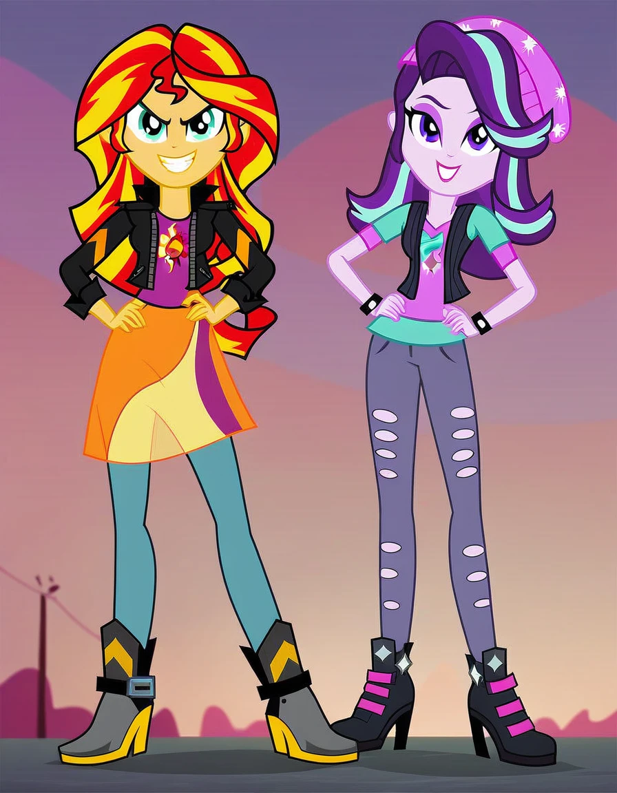 score_9, score_8_up, score_7_up, score_6_up, cartoon, human, equestria girls, sunset shimmer, starlight glimmer, duo female, vector, show accurative, light colors, cartoon, Sunset and Starlight are wearing miniskirt, high heels and zippered jackets. They are also wearing lipstick and painted eyelids. Sunset and Starlight are smiling, looking at you, evil grin, evil smile