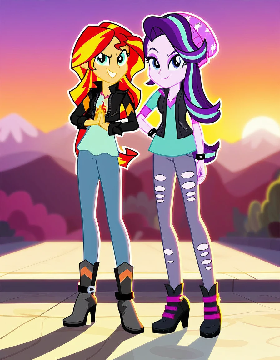 score_9, score_8_up, score_7_up, score_6_up, cartoon, human, equestria girls, sunset shimmer, starlight glimmer, duo female, vector, show accurative, light colors, cartoon, Sunset and Starlight are wearing miniskirt, high heels and zippered jackets. They are also wearing lipstick and painted eyelids. Sunset and Starlight are smiling, looking at you, evil grin, evil smile
