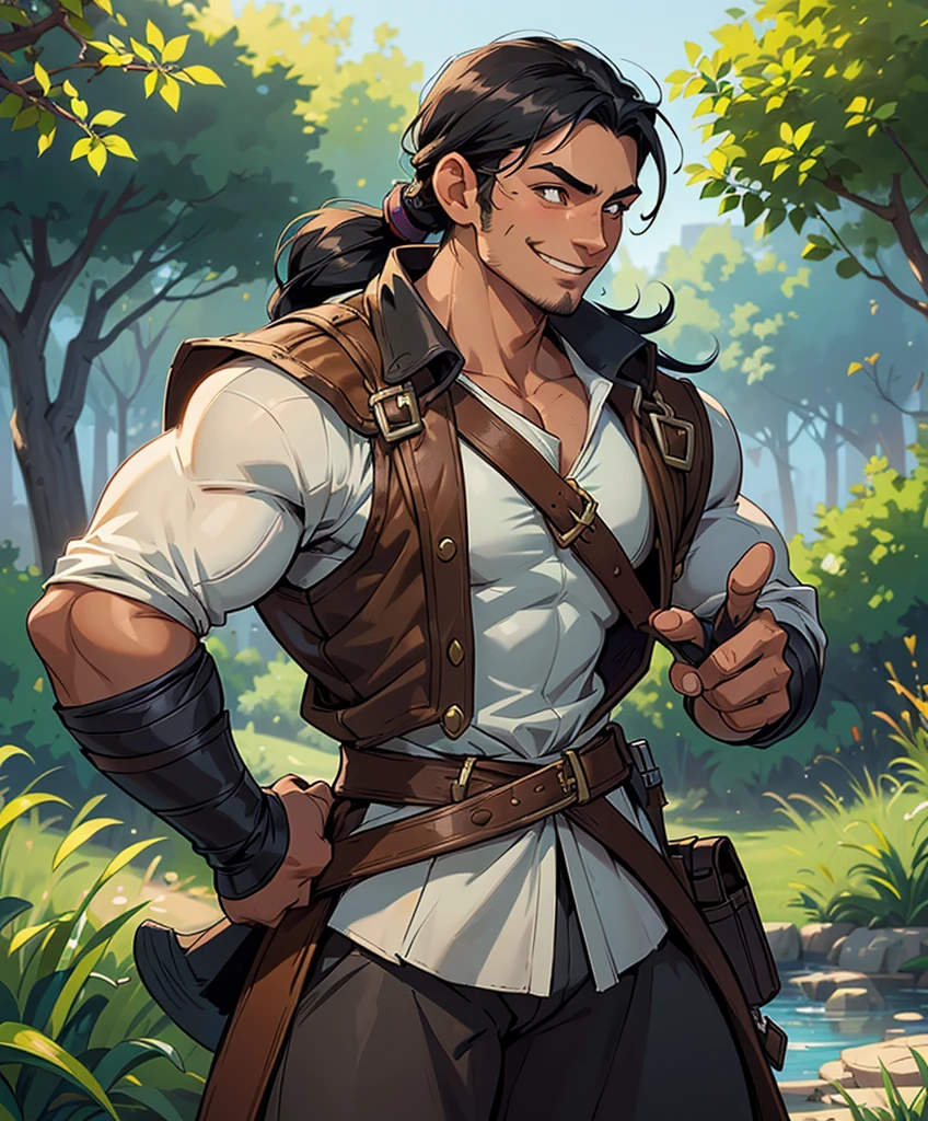 (((Single character image.))) (((1boy))) (((Dressed in medieval swashbuckler attire.))) (((Shoulder length hair))) (((Cute black hair in a topknot.))) This is a dashing male adventurer in a high fantasy setting. He is attractive to women and has all the attributes that make him a heartthrob. (1boy, one male) (male focus) ((front view)) (upper body), (((muscular male, bodybuilder))), , (((Cute smile.))) thick epic, heroic, tanned, perfect face, (detailed facial features), cute smile, outdoor setting, highly detailed, volumetric light, artstation, strong erotic overtones, dressed in a puffy shirt and pirate vest flirty, best quality:1.0,hyperealistic:1.0,photorealistic:1.0,madly detailed CG unity 8k wallpaper:1.0,masterpiece:1.3,madly detailed photo:1.2, hyper-realistic lifelike texture:1.4, picture-perfect:1.0,8k, HQ,best quality:1.0,