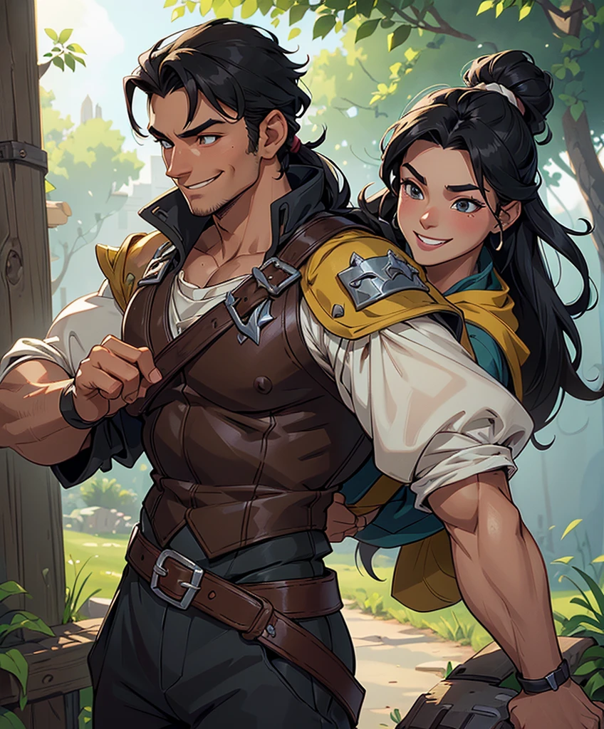 (((Single character image.))) (((1boy))) (((Dressed in medieval swashbuckler attire.))) (((Shoulder length hair))) (((Cute black hair in a topknot.))) This is a dashing male adventurer in a high fantasy setting. He is attractive to women and has all the attributes that make him a heartthrob. (1boy, one male) (male focus) ((front view)) (upper body), (((muscular male, bodybuilder))), , (((Cute smile.))) thick epic, heroic, tanned, perfect face, (detailed facial features), cute smile, outdoor setting, highly detailed, volumetric light, artstation, strong erotic overtones, dressed in a puffy shirt and pirate vest flirty, best quality:1.0,hyperealistic:1.0,photorealistic:1.0,madly detailed CG unity 8k wallpaper:1.0,masterpiece:1.3,madly detailed photo:1.2, hyper-realistic lifelike texture:1.4, picture-perfect:1.0,8k, HQ,best quality:1.0,