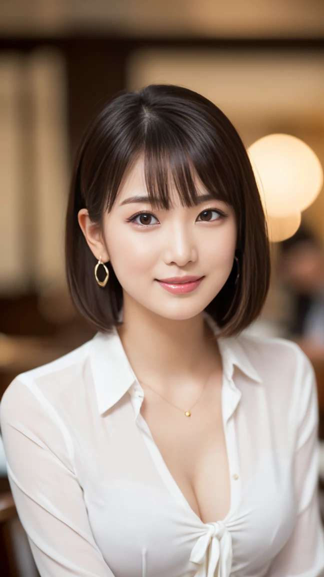 (masterpiece)、(Highest quality:1.5)、(Photorealistic:1.2)、(Surreal), (High resolution), (Realistic), (Post-processing),(Sharp focus), Sharp focus:1.2,Backlight, (Improvement of quality:1.4), (Narrow waist)、Big Ass、((Perfectly detailed five-fingered hands)),(Anatomically correct body)、((1 female:1.4))、Japanese、Realistic Skin、(Small chest:1.4)、Bust size is A cup、Pretty woman with perfect figure:1.4,(from the front:1.5), (Enhances the beauty of skin texture:1.1),No makeup、美しいBlack Hair、The best smile、Natural color lip、(Small Mouth:1.4)、The mouth is not open、Thick lips、(Oval Face)、Even bangs、Hide eyebrows with bangs、((33-year-old woman))、Bob Hair、Hair blowing in the wind, (Black Hair, Iris, Watery eyes, Shining Eyes, Bob Cut Hair, Small earrings,), Hair behind the ear、No makeup、(Drooping eyes)、(((One lovely woman)),((A big friendly smile)),(( Small breasts,Small breastsの谷間)),((((Plump Cheeks)))),((whole body:1.5)),very cute,(Baby Face),高級restaurantで、full-course dinner、Wine Party、Bright image、The beauty of wine, Beautiful Face, red wine 、Appetizers、Italian food、Wine bottle、Champagne、sparkling wine、(slimな顔), (The body is slim),restaurant, White wine, slim, wine glass, 中央に置かれたwine glass, Beautiful fine grain, Depth f/2,saturation, High Contrast, Strong light and shadow,Moist Body:1.5、3D texture、Delicate eyes、((In front of the food on the table:1.5))、White collar shirt and tie、erious expression