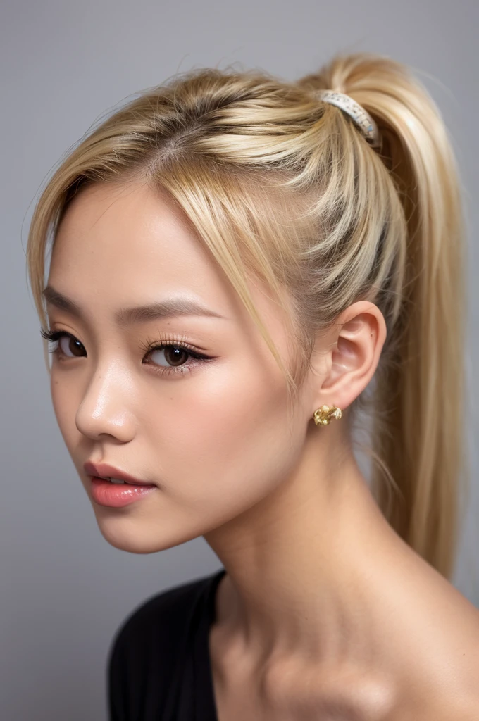 Blonde ponytail, 24, Asian look.