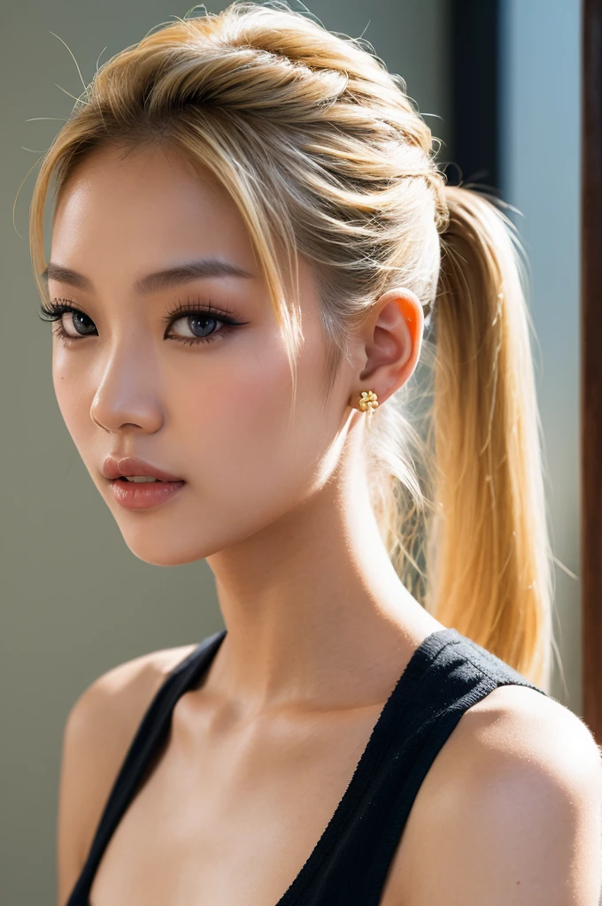 Blonde ponytail, 24, Asian look.