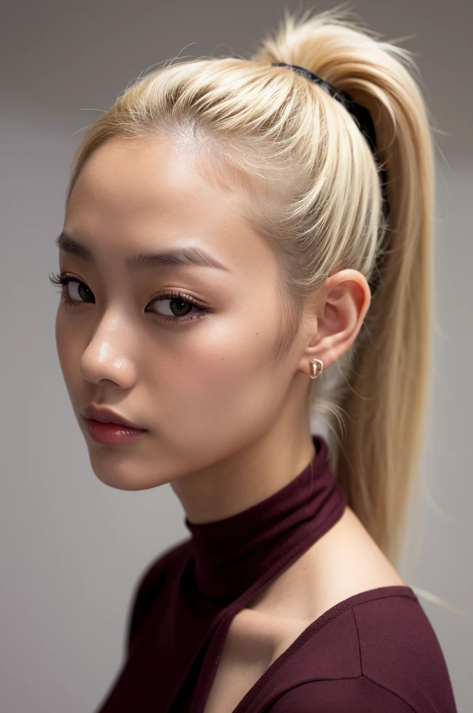 Blonde ponytail, 24, Asian look.