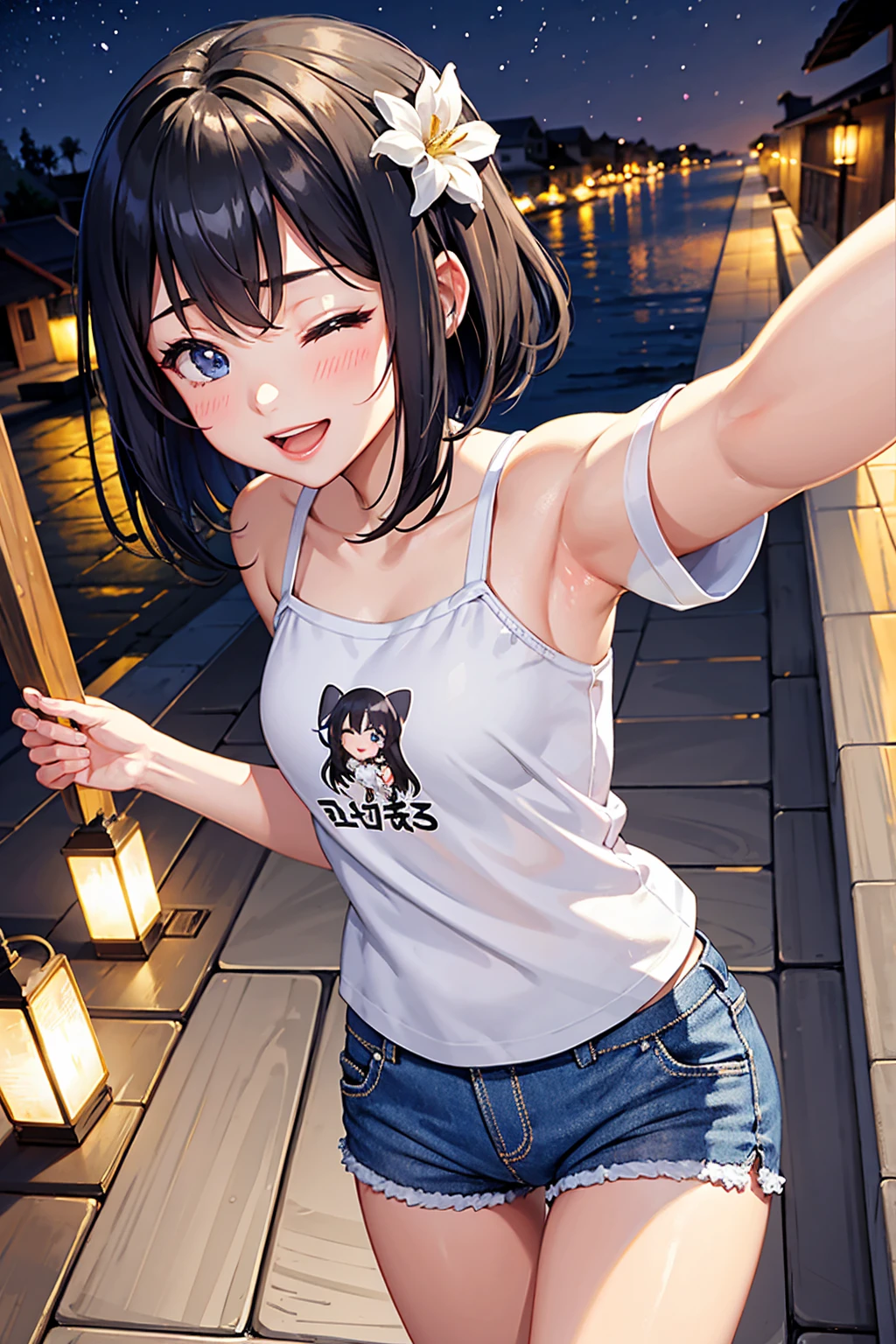 selfie, ,Beautiful illustration、masterpiece, top-quality, from above, night, ((alley)), 1 girl,A Cute 、mini girl, 4th grade elementary school student、make up, standing, seductive smile, open mouth, black hair, short hair,hair flower, blue eyes, one eye closed, (hotpants),Tshirt , lovely thighs、glowing thigh, shinyskin, sexy, nsfw,
