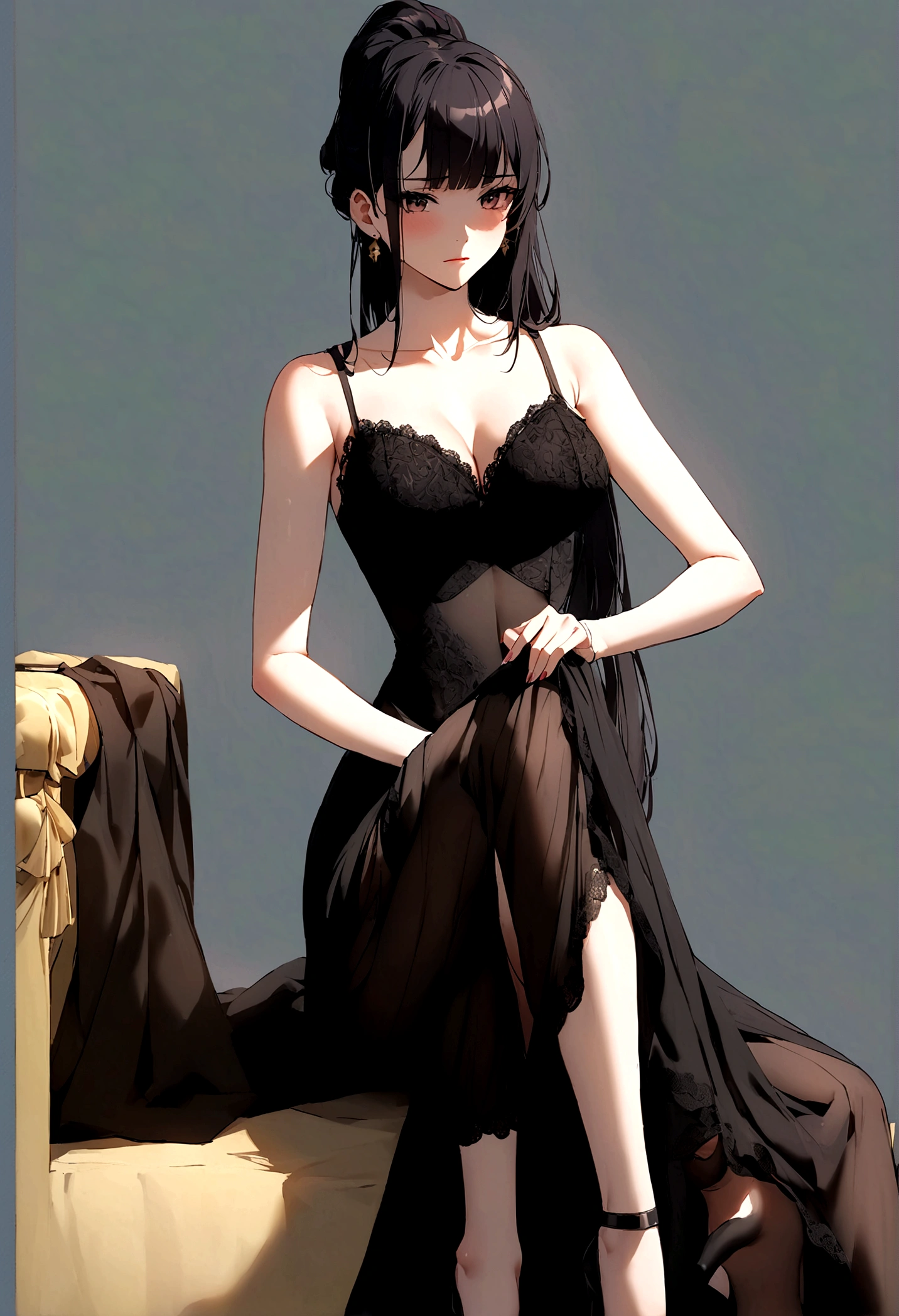 Ultimate Douluo Lan Xuanyu sexy evening dress,Lace hollow transparent camisole underwear,dark,Nervous fun,sit,Lan Xuanyu women's clothing golden dragon princess,dark晚礼服高跟鞋,Sexy lace front split legs,All black evening dress high heels