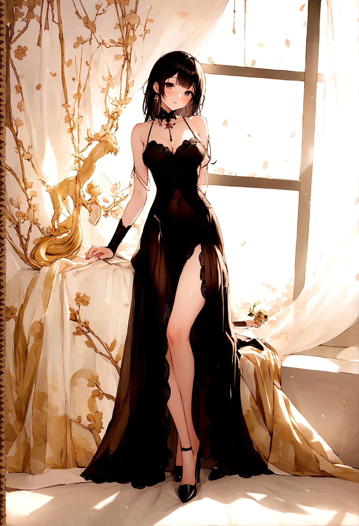 Ultimate Douluo Lan Xuanyu sexy evening dress,Lace hollow transparent camisole underwear,dark,Nervous fun,sit,Lan Xuanyu women's clothing golden dragon princess,萝莉dark晚礼服高跟鞋,Sexy lace front split legs,All black evening dress high heels