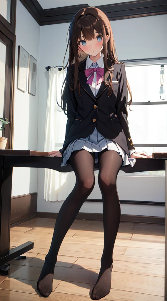 Top quality, masterpiece, High resolution, (Head to toe full body), front, frontやや下からの構図, Symmetric, Tall 18 year old girl, alone, (Head to toe), (Small breasts), Unkempt brown hair, bangs, (black tights), (Black Pantyhose), (Sit with your legs apart), (Crouching pose), (A composition showing white panties), (Her legs were spread、I see your white pants.), (I was made to sit on the floor with my legs spread..), (M-shaped legs), Thin legs, A very beautiful and tall 18 year old girl, (No shoes), blush, Shy big eyes, looking at the camera, Blazer Uniform, Checkered Pleated Skirt