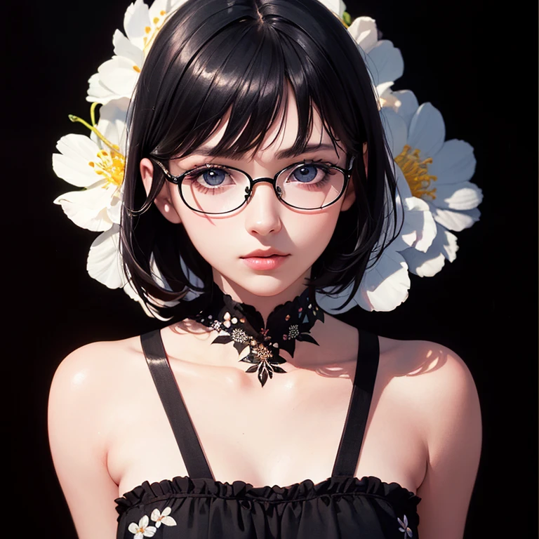 (masterpiece),(Highest quality:1.2),(8K Anime),1 Girl,Beautiful and delicate eyes,(Beautiful silky black hair:1.2), black dress with flowers,(Realistic),Detailed skin, Unfairly Beautiful,((Ink painting floral background)),Cinema Lighting,Body Shot,High Contrast,Glasses,short hair