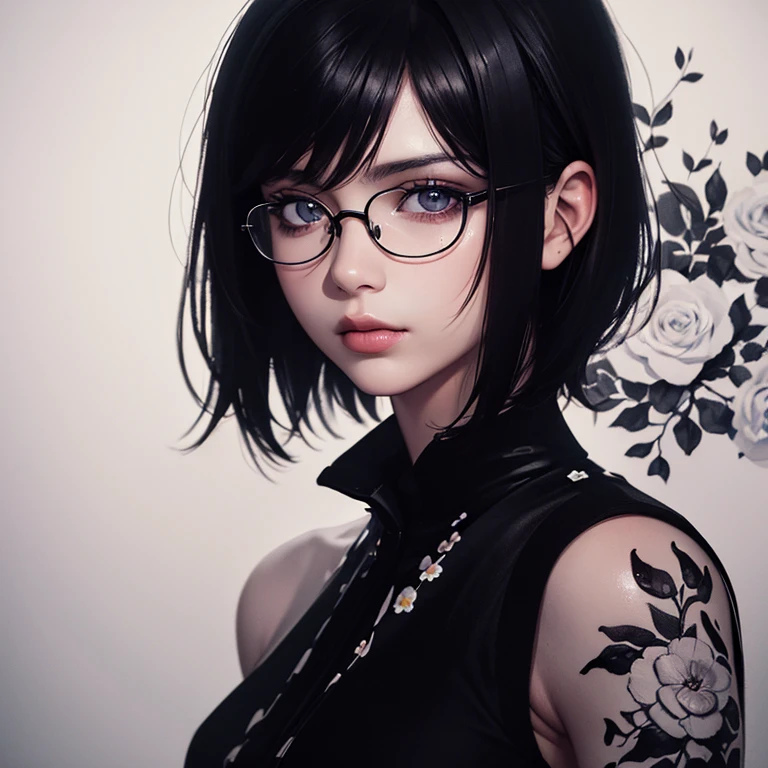 (masterpiece),(Highest quality:1.2),(8K Anime),1 Girl,Beautiful and delicate eyes,(Beautiful silky black hair:1.2), black dress with flowers,(Realistic),Detailed skin, Unfairly Beautiful,((Ink painting floral background)),Cinema Lighting,Body Shot,High Contrast,Glasses,short hair
