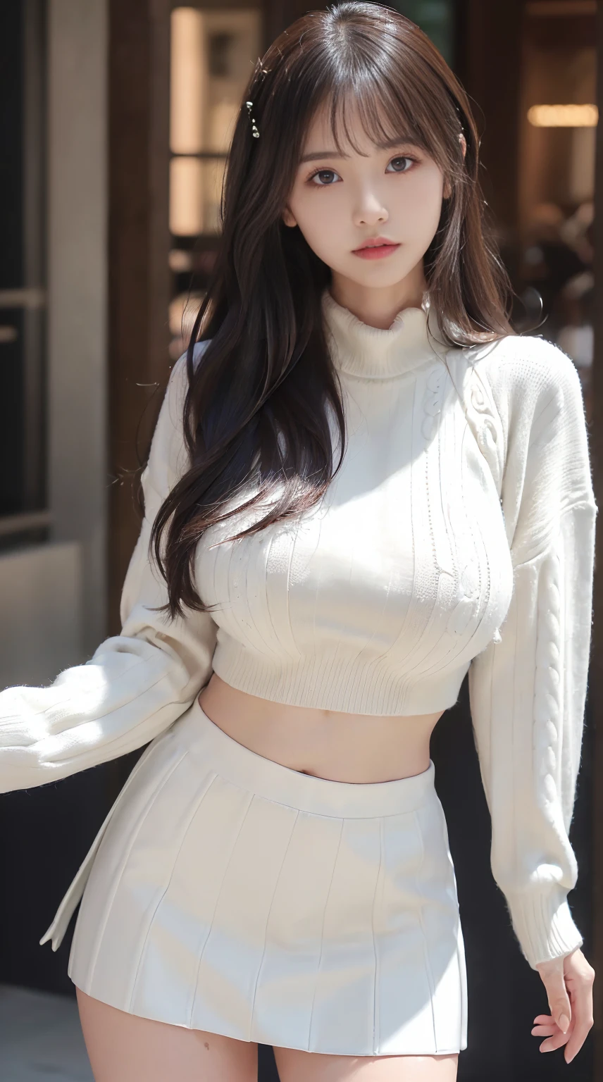 (((Masterpiece,detailed, super high quality,In 4K,Highest qualityの高品質:1.5))), (extremely detailed, Finely detaileded:1.3), (Attractive photos,Highest quality, In 4K, 8K, High resolution,Precise human body,Perfect garment:1.3),(Boobs Close-up),whole body,The(Beautiful woman,Beautiful face line,Feminine body lines,Beautiful black hair,Fluffy long hair,Beautiful brown eyes)(Huge boobs:1.3)(looking at the camera)(Perfect garment,white thin sweater,undersized:1.2)/(Black leather micro mini skirt)