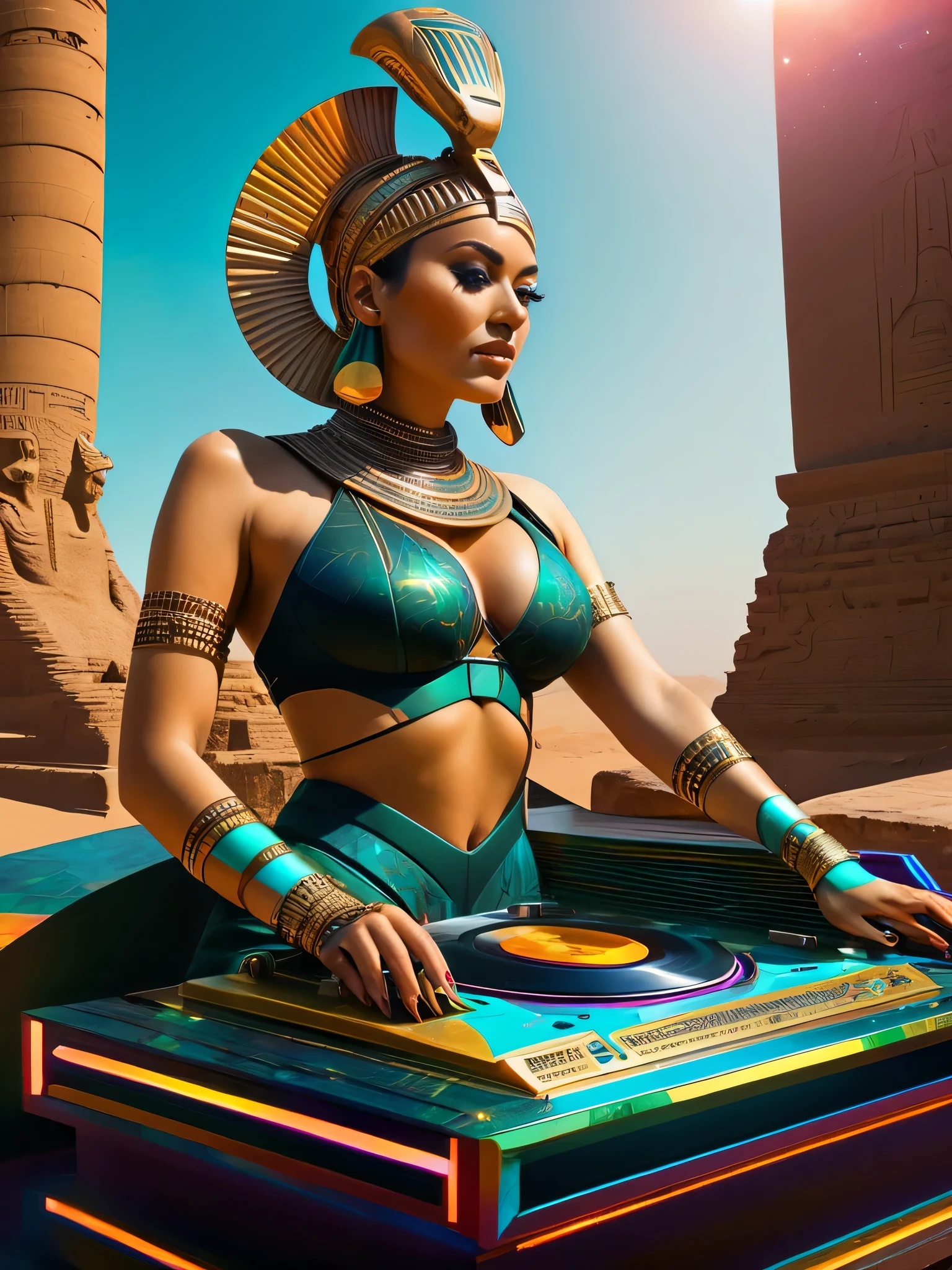 Square album cover, electronica, compilation album, female dj, face obscured, chilled out beats, abstract patterns, futuristic ancient Egyptian elements, Cyberpunk 2077 colors but not as dark, Russian constructivist influence, the sun, science-related ideas, abstract statues