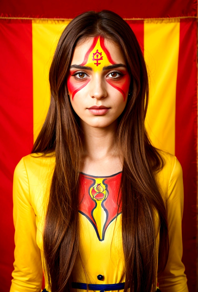 Portrait Woman with Spanish features with her face completely painted with the colors of the flag of Spain, red then yellow and again red, long hair