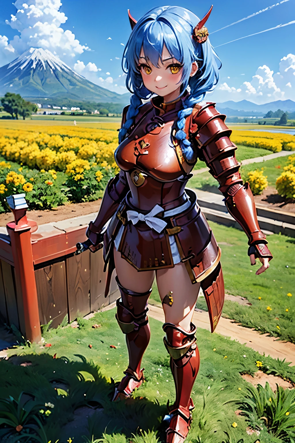 best quality, (masterpiece:1.3), absurdres, highres,16K, ultra high res, official art, illustration,extremely detailed, 1girl, 独奏, full body, 20yo,
delicate lines tailed face, (medium hair1.2), (twin braids:1.1), (beautiful sky-blue hair:1.2), (shiny hair:1.2), (beautiful yellow eyes:1.2), (shiny eyes:1.2), (medium breasts), (gleaming skin:1.4),
looking at viewer, simple background,
standing, smile, (holding lance:1.2)
((japanese) red(armor):1.5), (samurai girl), Armor